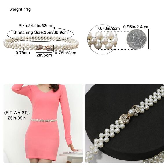 Pearl Elastic Chain Belt Adjustable Stretchy Metal Crystal Flower Buckle Waist😏 - Picture 3 of 7